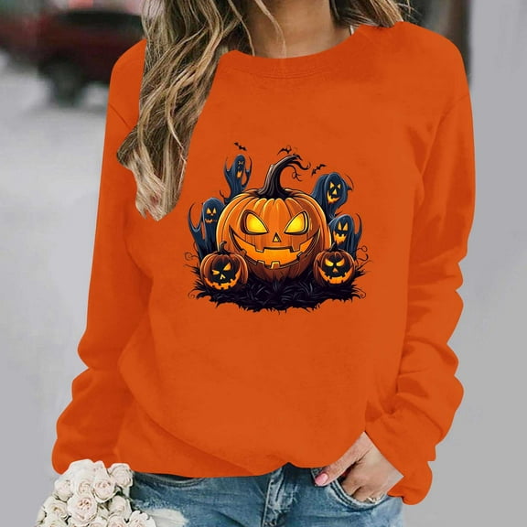 Inverlee Halloween Sweatshirts for Women Funny Pumpkin Ghost Graphic T-shirt Loose Fit Round Neck Sweatshirt Long Sleeve Tunic Pullover Tops Halloween Gifts