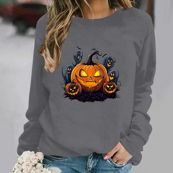 Inverlee Halloween Sweatshirts for Women Funny Pumpkin Ghost Graphic T-shirt Loose Fit Round Neck Sweatshirt Long Sleeve Tunic Pullover Tops Halloween Gifts