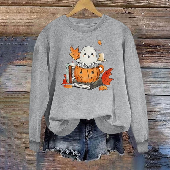 Inverlee Halloween Sweatshirts Women Funny Pumpkin Ghost Graphic T-shirt Stretch Round Neck Sweatshirt Long Sleeve Holiday Pullover Tops Halloween Clothes
