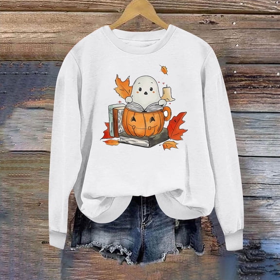 Inverlee Halloween Sweatshirts Women Funny Pumpkin Ghost Graphic T-shirt Stretch Round Neck Sweatshirt Long Sleeve Holiday Pullover Tops Halloween Clothes
