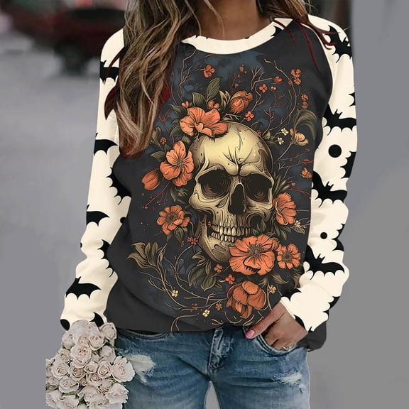Inverlee Halloween Sweatshirts Women Plus Size Pumpkin Ghost Graphic T-shirt Trendy Crewneck Sweatshirt Long Sleeve Tunic Pullover Tops Halloween Party Supplies