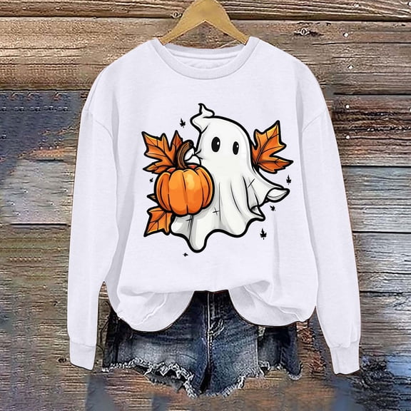 Inverlee Halloween Sweatshirts for Women Plus Size Pumpkin Ghost Graphic T-shirt Trendy Round Neck Sweatshirt Long Sleeve Holiday Pullover Tops Halloween Costumes