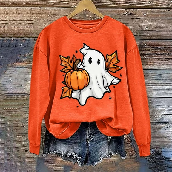Inverlee Halloween Sweatshirts for Women Plus Size Pumpkin Ghost Graphic T-shirt Trendy Round Neck Sweatshirt Long Sleeve Holiday Pullover Tops Halloween Costumes