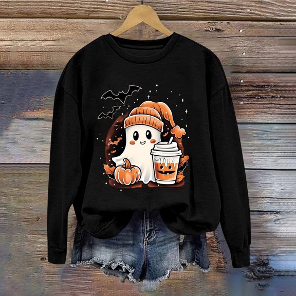 Inverlee Halloween Sweatshirts for Women Plus Size Pumpkin Ghost Print T-shirt Stretch Round Neck Sweatshirt Short Sleeve Dressy Casual Pullover Tops Halloween Clothes