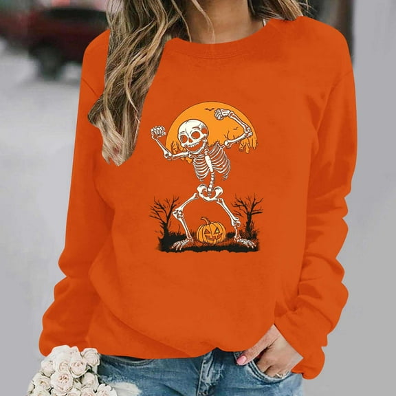 Inverlee Halloween Sweatshirts for Women Cute Pumpkin Ghost Print T-shirt Soft Crewneck Sweatshirt Long Sleeve Tunic Pullover Tops Halloween Costumes