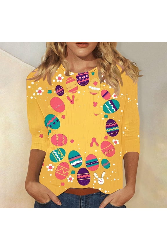 Happy Easter Day Plus Size Tees for Women 3/4 Sleeve Funny Egg Print Crewneck Blouses Fashion Family Holiday Tees