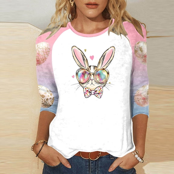 Inverlee Happy Easter Shirts for Women 2025 Cute Bunny Eggs Print Tees Loose Fit 3/4 Sleeve T Shirts Blouses Work Round Neck Holiday Tops