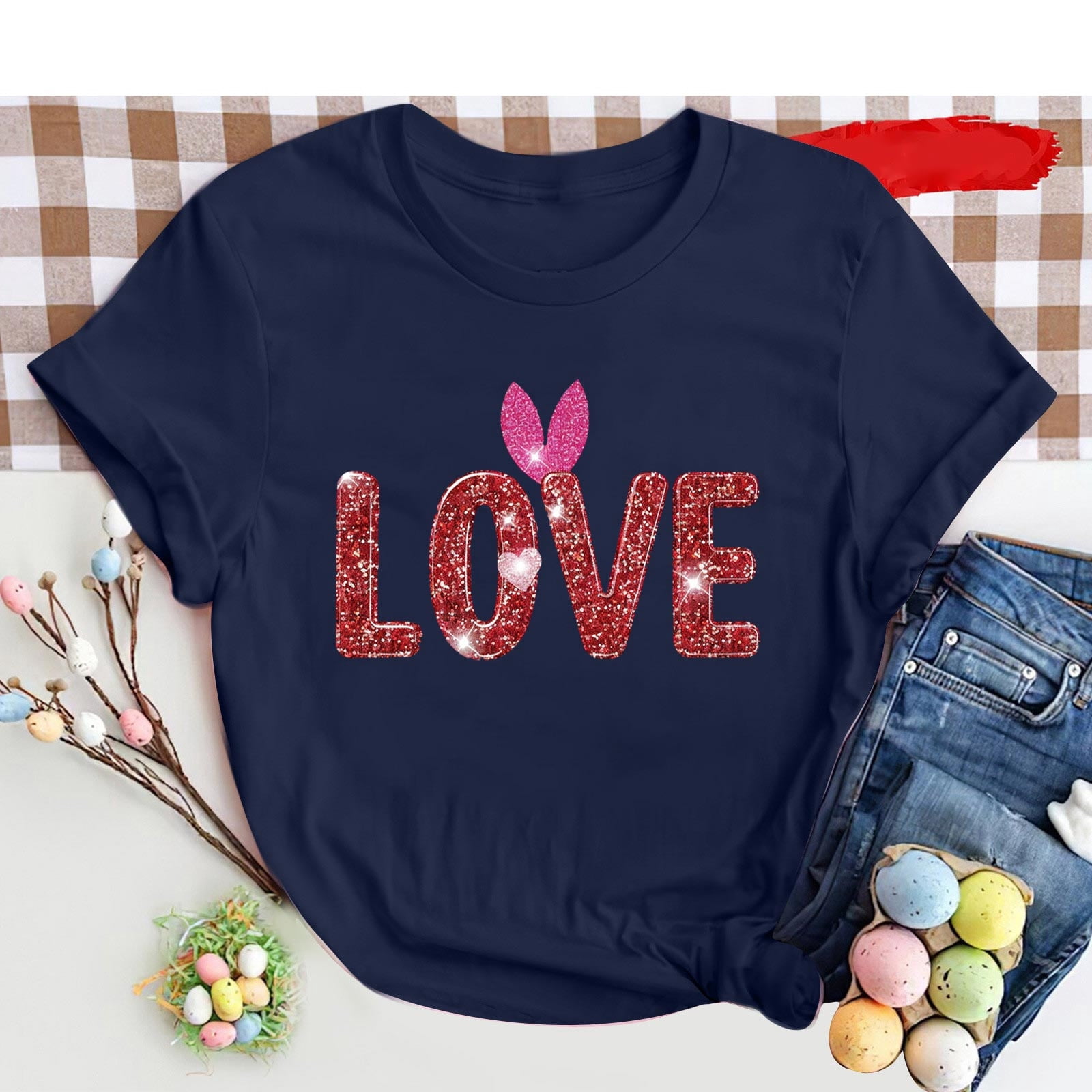 HUIFUAO Happy Easter T-shirts voor vrouwen, haasoren, grappige print