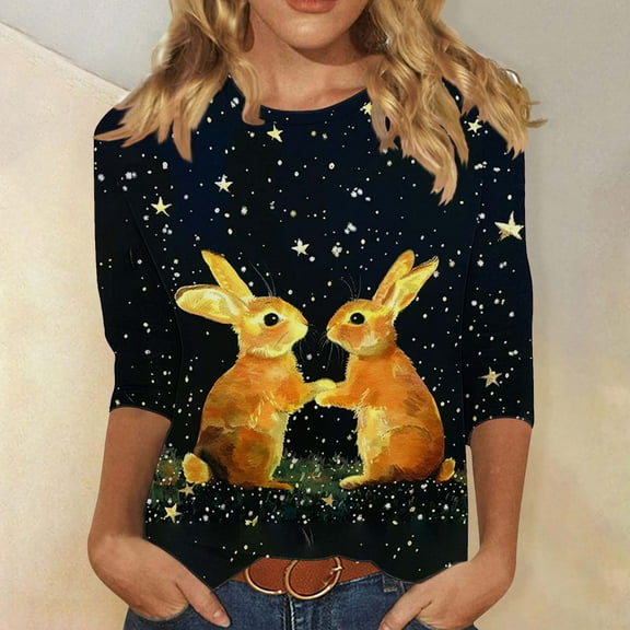 Inverlee Happy Easter Tshirts for Women 2025 Funny Rabbits Eggs Print Tees Loose Fit 3/4 Sleeve T Shirts Blouses Going Out Round Neck Dressy Casual Tops