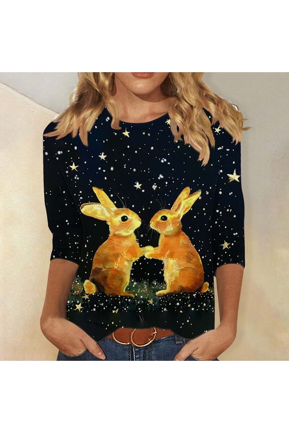 Happy Easter Tshirts for Women 2025 Funny Rabbits Eggs Print Tees Loose Fit 3/4 Sleeve T Shirts Blouses Going Out Round Neck Dressy Casual Tops