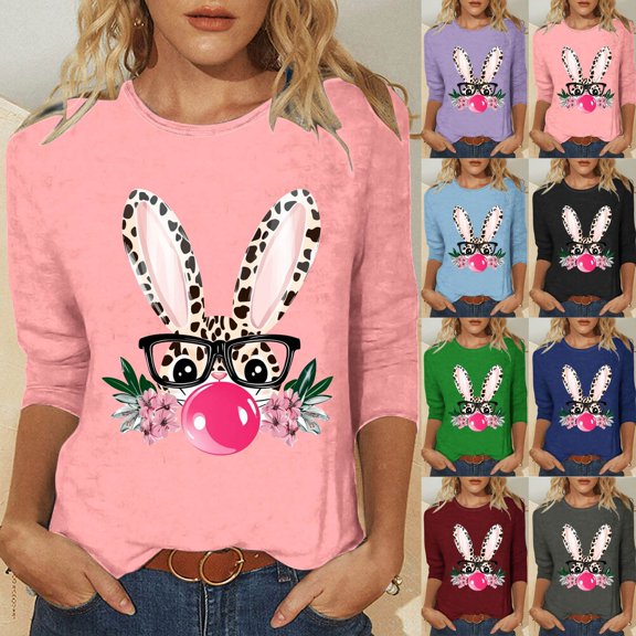 Inverlee Happy Easter Tshirts for Women 2025 Cute Bunny Eggs Graphic Tees Oversized 3/4 Sleeve T Shirts Blouses Work Crewneck Holiday Tops