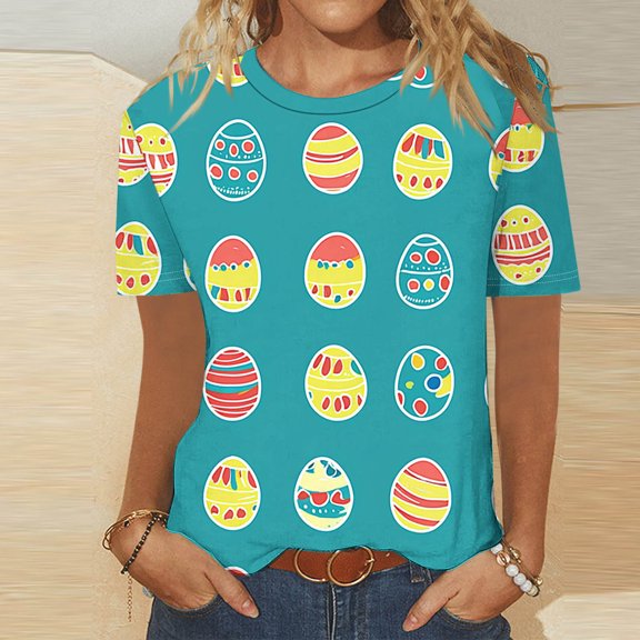 Inverlee Happy Easter Tshirts for Women 2025 Cute Bunny Eggs Graphic Tees Soft Short Sleeve T Shirts Blouses Workout Crewneck Dressy Casual Tops