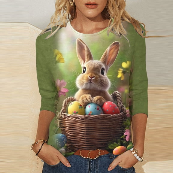 Inverlee Happy Easter Tshirts for Women 2025 Cute Bunny Eggs Print Tees Loose Fit 3/4 Sleeve T Shirts Blouses Going Out Crewneck Tunic Tops