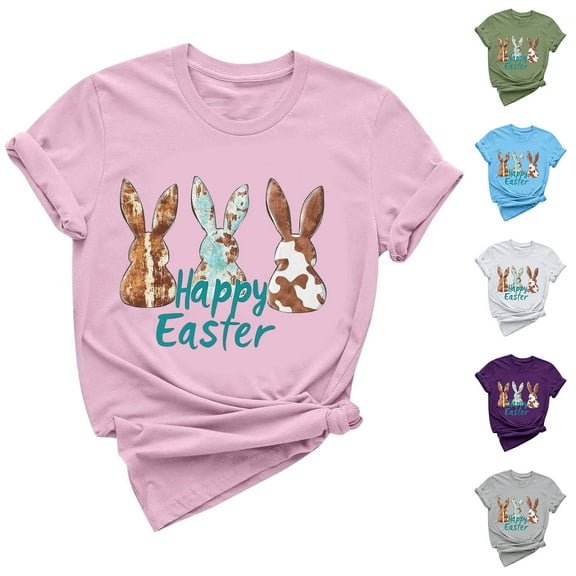 Inverlee Happy Easter Tshirts for Women 2025 Funny Rabbits Eggs Print Tees Oversized Short Sleeve T Shirts Blouses Summer Round Neck Tunic Tops
