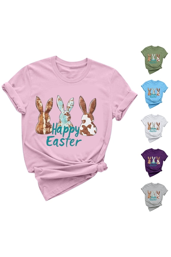 Happy Easter Tshirts for Women 2025 Funny Rabbits Eggs Print Tees Oversized Short Sleeve T Shirts Blouses Summer Round Neck Tunic Tops