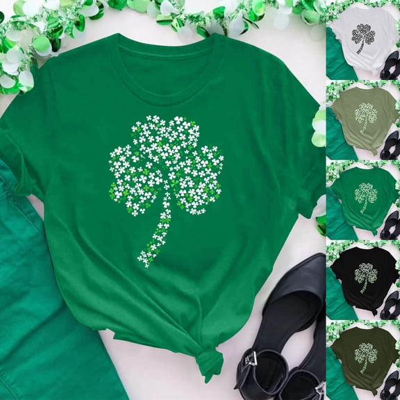 Inverlee Happy St Patrick's Day Tshirts Womens Four Leaf Clover Print T Shirts Oversized Short Sleeve Shirts Blouses Ireland Green Crew Neck Gifts T-shirt Tops