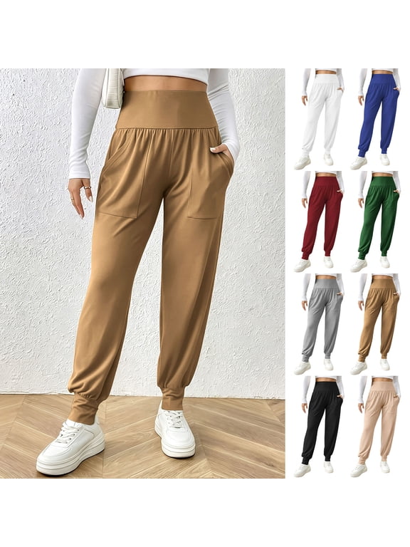 High Waist Wide Band Jogger Yoga Pants for Women Athletic Solid Color Side Pocket Stretchy Trousers Daily Sport Breathable Bottoms Green S
