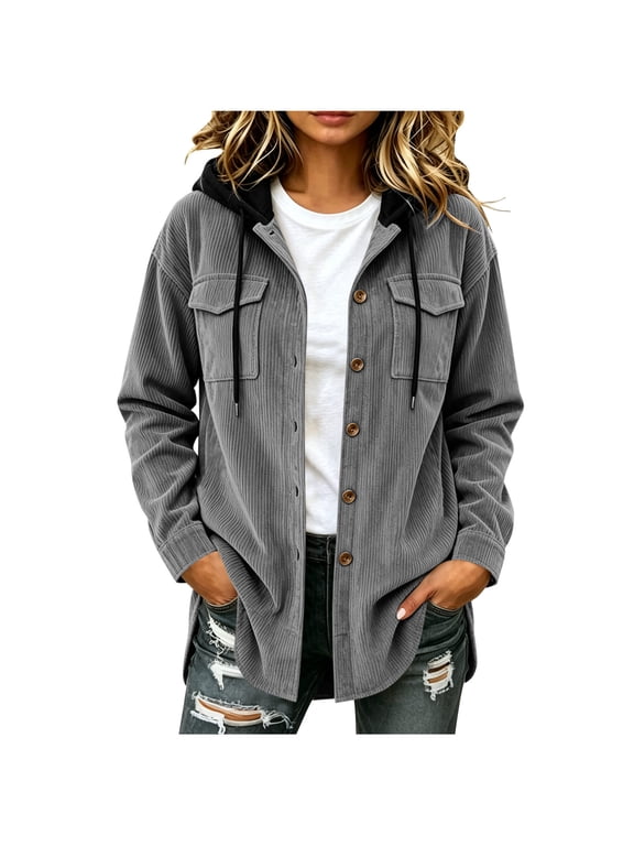 Hooded Corduroy Shacket for Women Button Down Pocket Shirt Casual Street Jacket Gray (S-2XL)