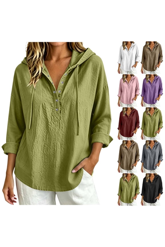Hooded Henley Shirt for Women Cotton Linen Textured 3/4 Sleeve Pocket Loose Casual Blouse Gray S