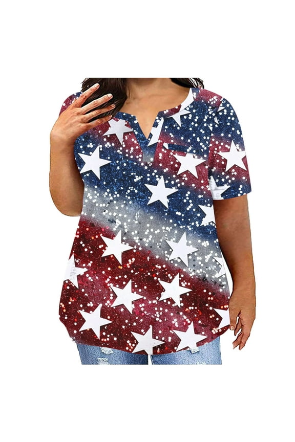 Independence Day Shirts for Women Plus Size Patriotic Red White and Blue Graphic Tshirts Cute Short Sleeve Tees Breathable V Neck Blouses Tops