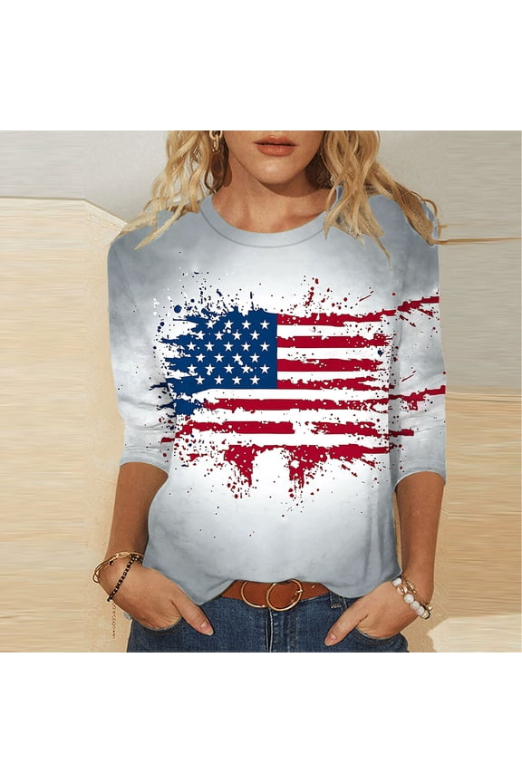 Independence Day Shirts for Women Casual American Flag Graphic Patriotic Tshirts Tunic 3/4 Sleeve Tees Flowy Crew Neck Blouses Tops