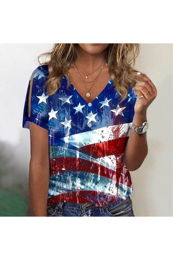 Independence Day Shirts for Women Casual American Flag Print Patriotic Tshirts Loose Fit Short Sleeve Tees Lightweight V Neck Blouses Tops