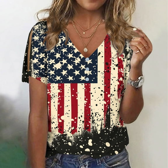 Inverlee Independence Day Shirts for Women Summer Patriotic Red White and Blue Graphic Tshirts Loose Fit Short Sleeve Tees Beach V Neck Blouses Tops