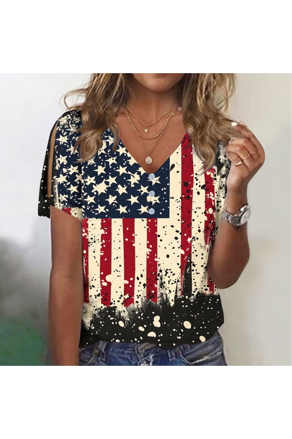 Independence Day Shirts for Women Summer Patriotic Red White and Blue Graphic Tshirts Loose Fit Short Sleeve Tees Beach V Neck Blouses Tops