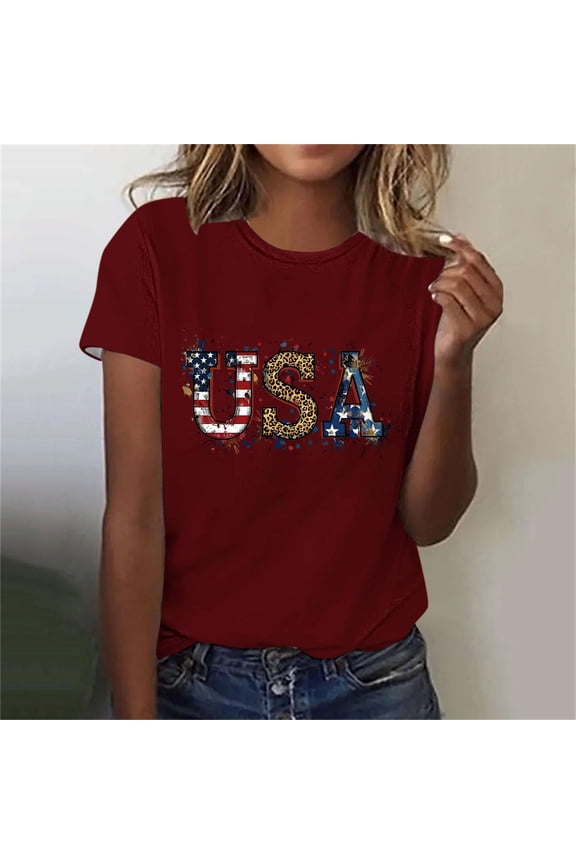 Independence Day Shirts for Women Summer Patriotic USA Flag Pattern Tshirts Cute Short Sleeve Tees Comfortable Crew Neck Blouses Tops