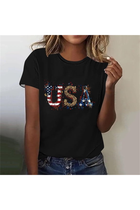 Independence Day Shirts for Women Summer Patriotic USA Flag Pattern Tshirts Cute Short Sleeve Tees Comfortable Crew Neck Blouses Tops