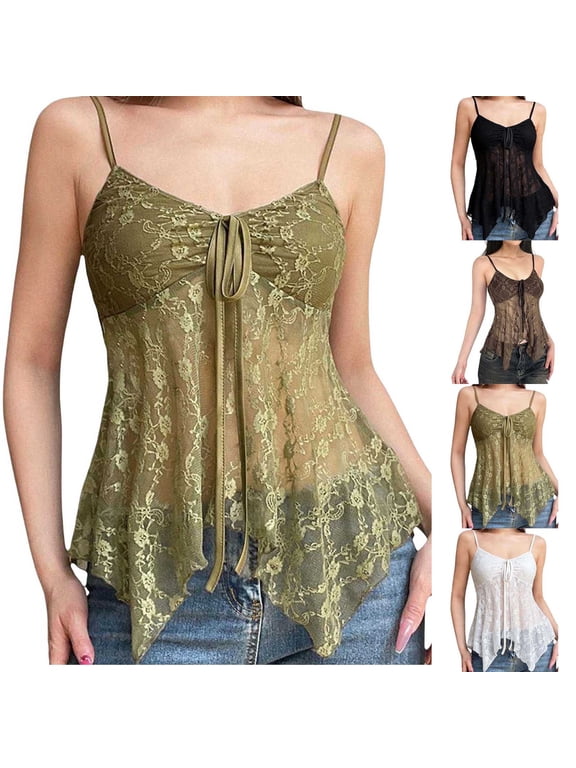 Lace Spaghetti Strap Tops for Women Sheer V Neck Camisoles Y2K Casual Summer Shirts Green M
