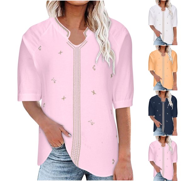 Inverlee Linen Shirts for Women V Neck Summer Short Sleeve Tops Cute Solid Color Shirts Soft Vacation Tunic Blouse Tee Summer Fashion