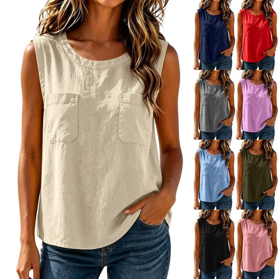 Inverlee Linen Sleeveless Crewneck Double Pocket Tank Tops for Women Casual Solid Color Loose Fit Blouses Daily Vacation Lightweight Breathable Tees Gray XXL