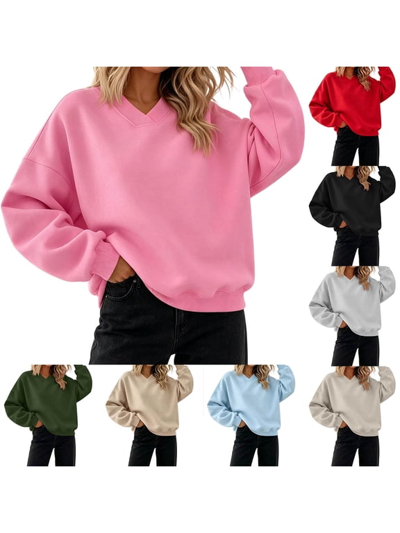 Oversized V Neck Crewneck Sweatshirts for Women Long Sleeve Drop Shoulder Pullovers Solid Basic Loose Fit Casual Daily Tops Black S-XL