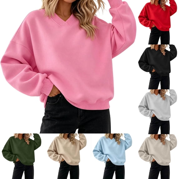 Inverlee Oversized V Neck Crewneck Sweatshirts for Women Long Sleeve Drop Shoulder Pullovers Solid Basic Loose Fit Casual Daily Tops Light Blue S-XL