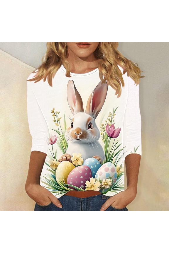 Plus Size 3/4 Sleeve Tops for Women Trendy Casual Easter Day Crewneck Tshirts Funny Bunny & Egg Print Blouses