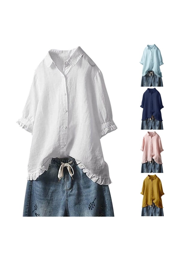 Plus Size Cotton Linen 3/4 Sleeve Roll up Blouses for Women Boho Ruffle Hem Button Down Shirts Trendy Casual Collared V Neck Tops