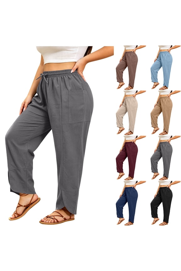 Plus Size Cotton Linen Pants Elastic Drawstring Waist Split Hem Casual Everyday Bottoms Black XL