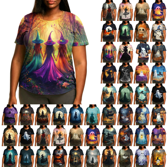 Inverlee Plus Size Crew Neck Short Sleeve T Shirts for Women Three Witches Autumn Magic Forest Graphic Print Halloween Casual Tops M-XXXXXL