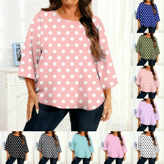 Inverlee Plus Size Polka Dot Blouse for Women Trendy 3/4 Sleeve Loose Fit Tops Cute Casual Round Neck Shirts