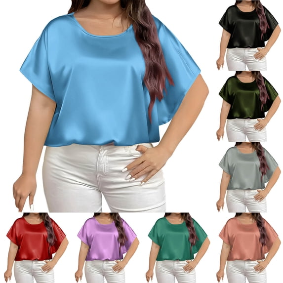 Inverlee Plus Size Satin Tops for Women Batwing Sleeve Crewneck Casual Blouses Summer Loose Fit Party Club Shirts Orange XL