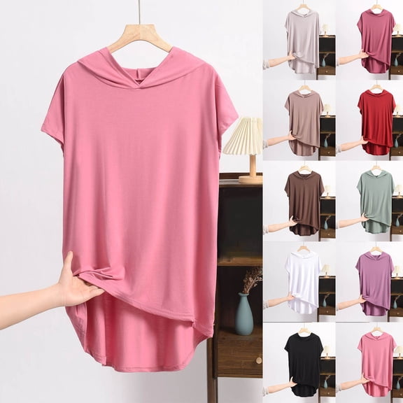 Inverlee Plus Size Short Sleeve Basic Hoodie Sweatshirts for Women Trendy Solid Baggy Breathable V Neck Tops Summer Casual Pleated Tunic Blouse