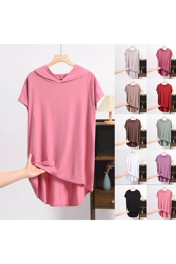Plus Size Short Sleeve Basic Hoodie Sweatshirts for Women Trendy Solid Baggy Breathable V Neck Tops Summer Casual Pleated Tunic Blouse