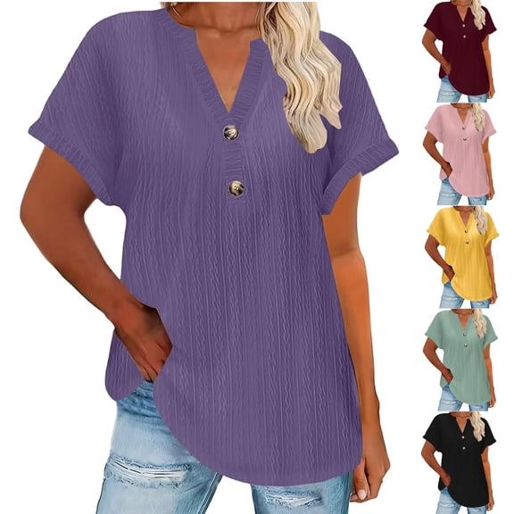 Inverlee Plus Size Short Sleeve Blouse for Women Solid V Neck Henley Shirts Dressy Casual Loose Fit Tops