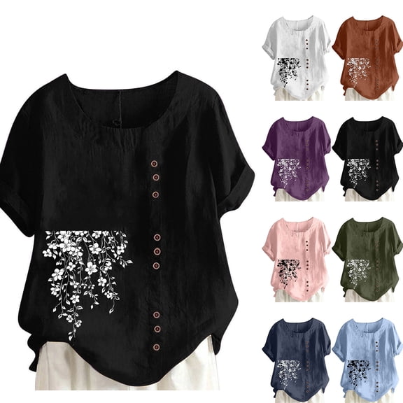 Inverlee Plus Size Short Sleeve Tops for Women Cotton Linen Floral Print Round Neck Shirts Summer Trendy Button Blouse
