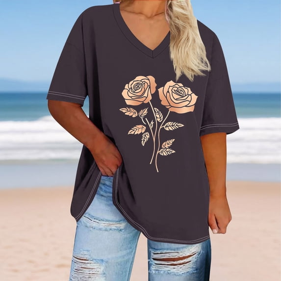 Inverlee Plus Size Short Sleeve Tunic Tops for Women Trendy Casual Floral Print V Neck Tees Summer Softy Comfort Tshirts