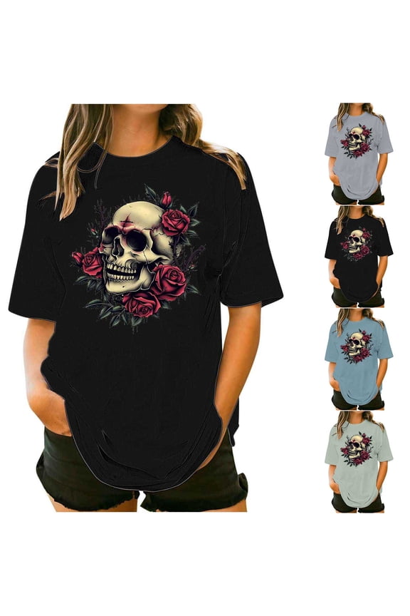 Plus Size Short Sleeve Tunics for Women Fashion Gothic Skull Print Round Neck Tee Tops Summer Casual Loose Fit Shirts