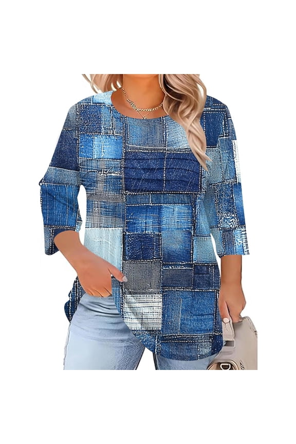 Plus Size Tunic Shirts for Women Casual Baggy 3/4 Sleeve Round Neck Blouse Trendy Plaid Softy Comfy Breathable Tops with Front Pleated