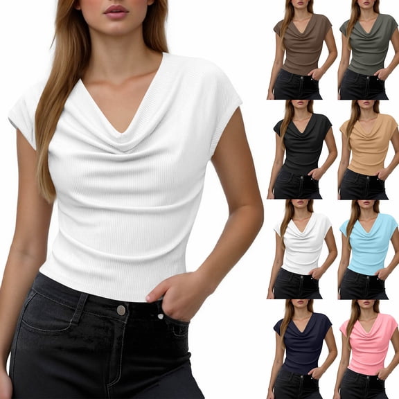Inverlee Ribbed Knit Cowl Neck Tops for Women Trendy Cap Short Sleeve Shirts Summer Versatile Casual Slim Fit Blouse