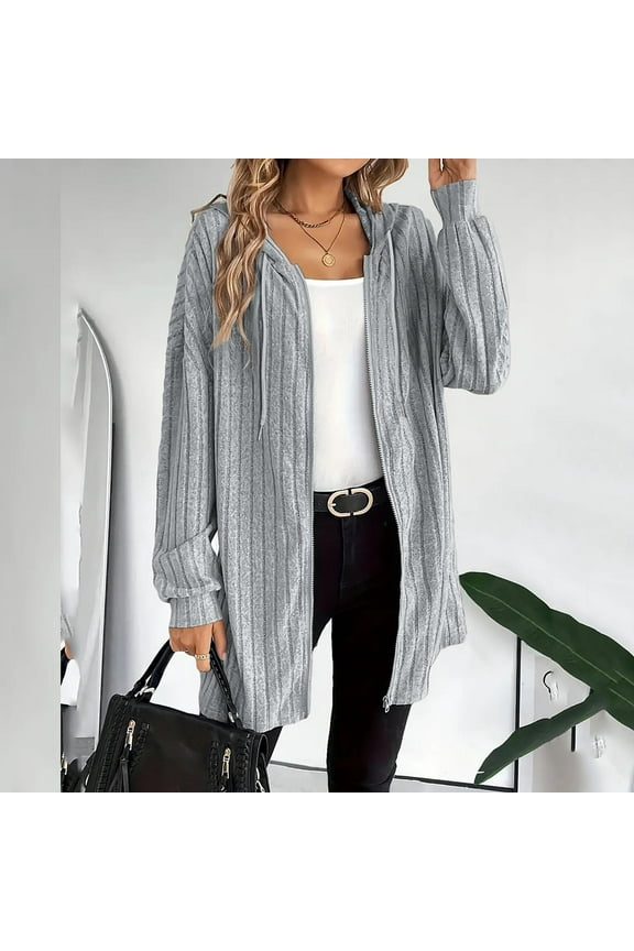 Ribbed Knit Midi Length Zip Up Hooded Cardigans Womens Drawstring Long Sleeve Oversized Outwears Daily Shopping Wind Resistant Loose Jackets Gray （S-XXL）